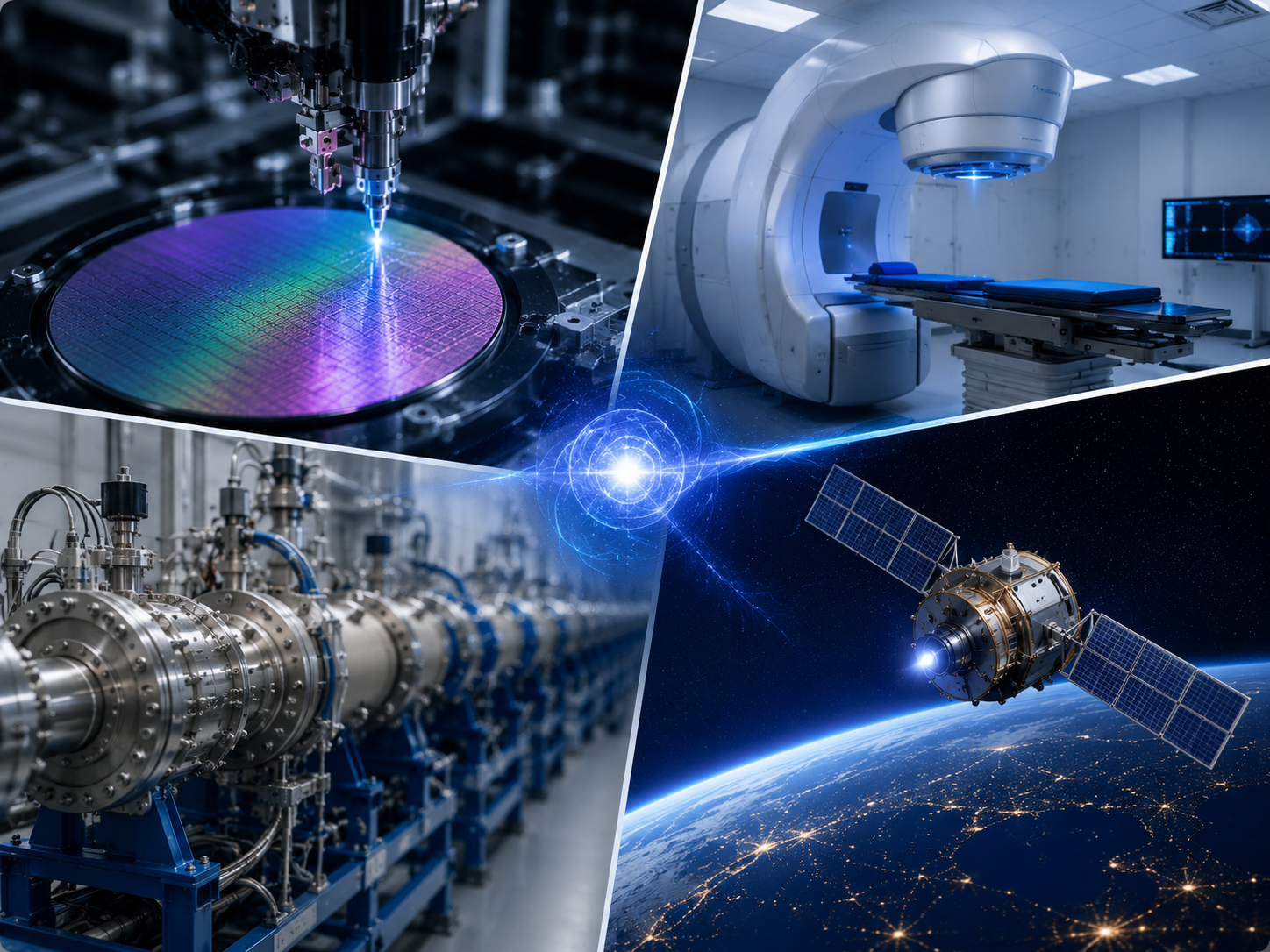 Composite illustration showing semiconductor manufacturing, healthcare technology, scientific research infrastructure and space applications supported by advanced accelerator and instrumentation systems.