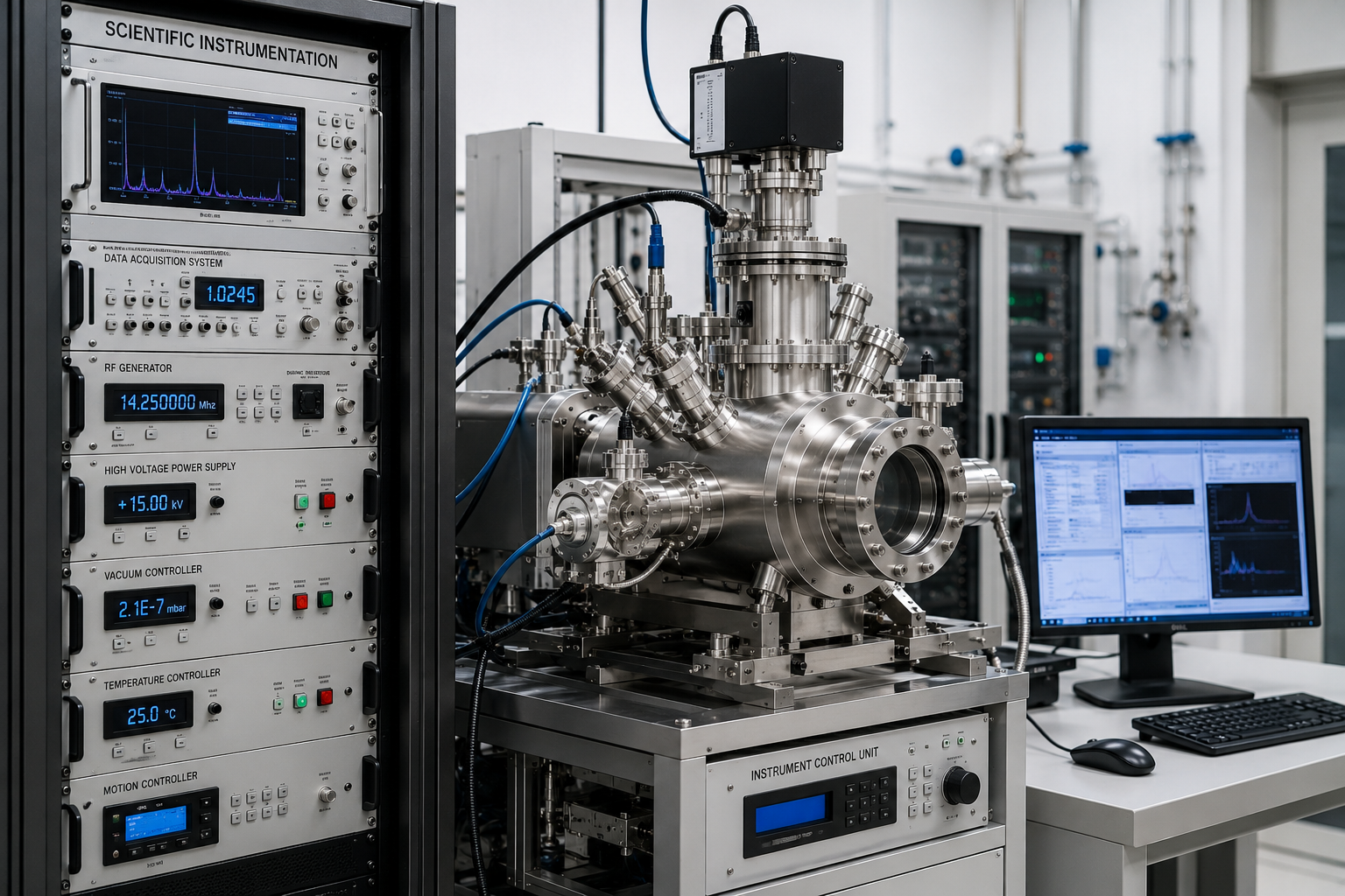 Advanced scientific instrumentation system featuring data acquisition electronics, control systems, vacuum instrumentation and laboratory measurement equipment for research and accelerator applications.