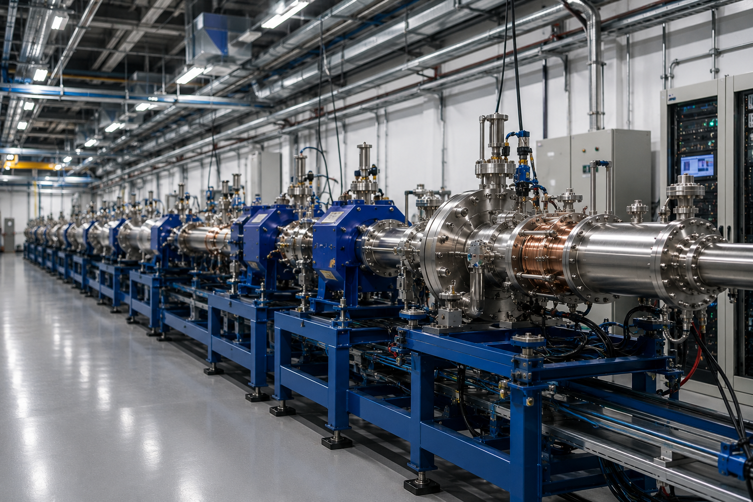 Advanced particle accelerator system with beamline infrastructure, vacuum chambers and scientific instrumentation for research, semiconductor and healthcare applications.