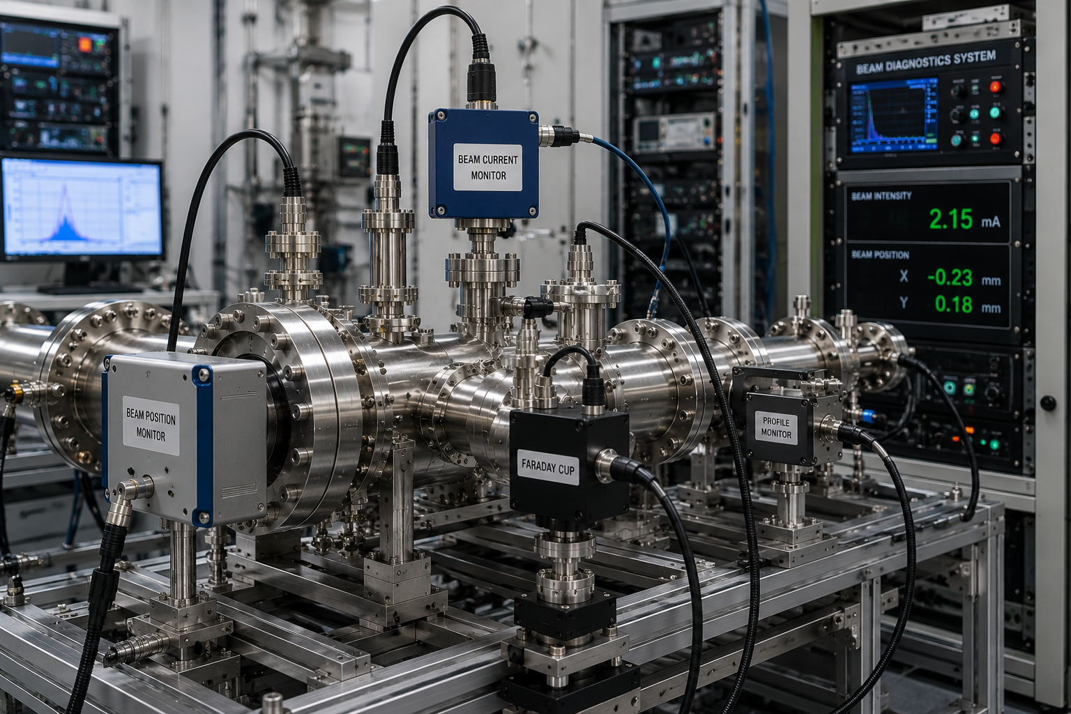Beam diagnostic system featuring beam position monitors, beam current monitors, Faraday cup detectors and measurement instrumentation for particle accelerator applications.